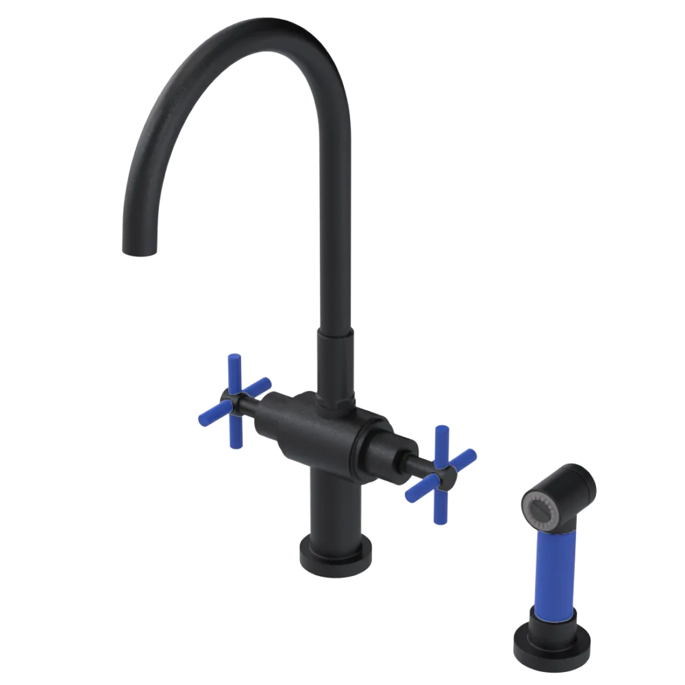 Rubinet Two Handle Single Hole Kitchen Set with LaSalle Spout with Hand Spray Matt Black