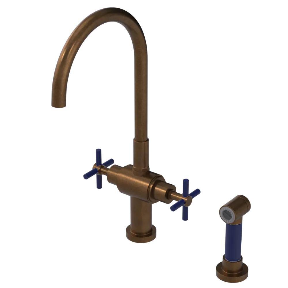 Rubinet Two Handle Single Hole Kitchen Set with LaSalle Spout with Hand Spray Tuscan Brass