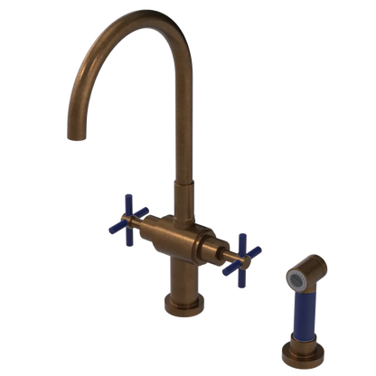 Rubinet Two Handle Single Hole Kitchen Set with LaSalle Spout with Hand Spray Tuscan Brass