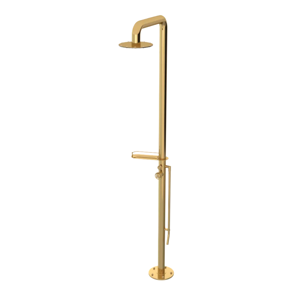 Rubinet Pressure Balance Outdoor Shower with Foot Rinse & 10" Shower Head (with shelf) - 304 Stainless Steel Gold