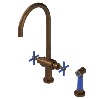 Rubinet Two Handle Single Hole Kitchen Set with LaSalle Spout with Hand Spray Tuscan Brass