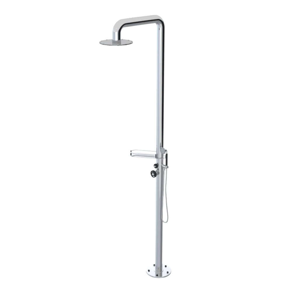 Rubinet Pressure Balance Outdoor Shower with Hand Held Shower & 10" Shower Head (with shelf) - 304 Stainless Steel Chrome