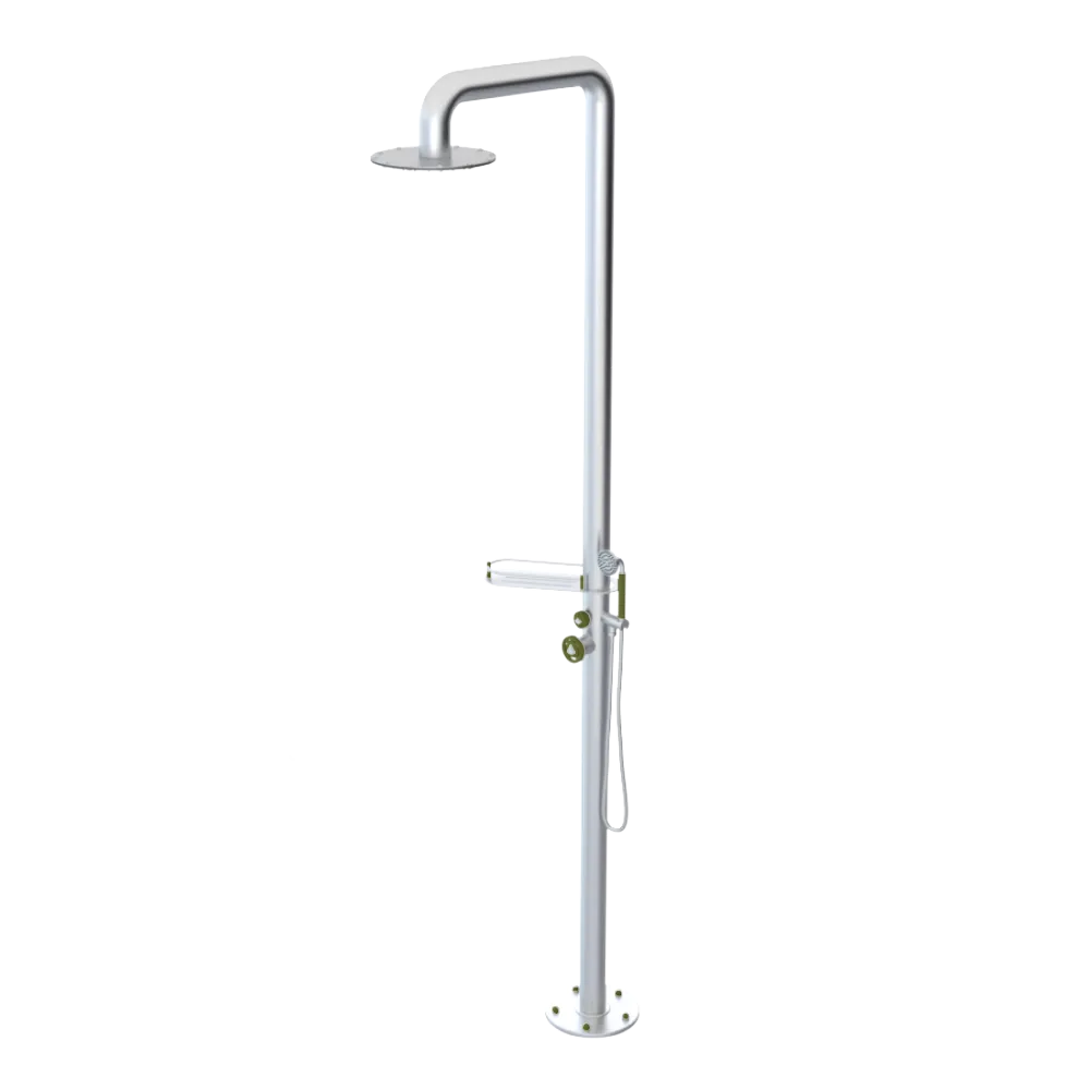 Rubinet Pressure Balance Outdoor Shower with Hand Held Shower & 10" Shower Head (with shelf) - 304 Stainless Steel Satin Chrome