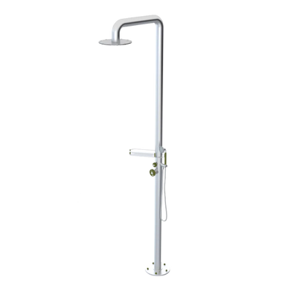 Rubinet Pressure Balance Outdoor Shower with Hand Held Shower & 10" Shower Head (with shelf) - 304 Stainless Steel Satin Chrome