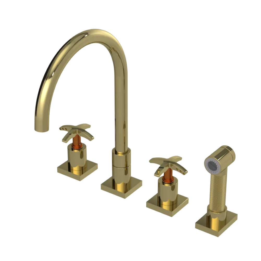 Rubinet Widespread Kitchen Set with Hand Spray Natural Brass
