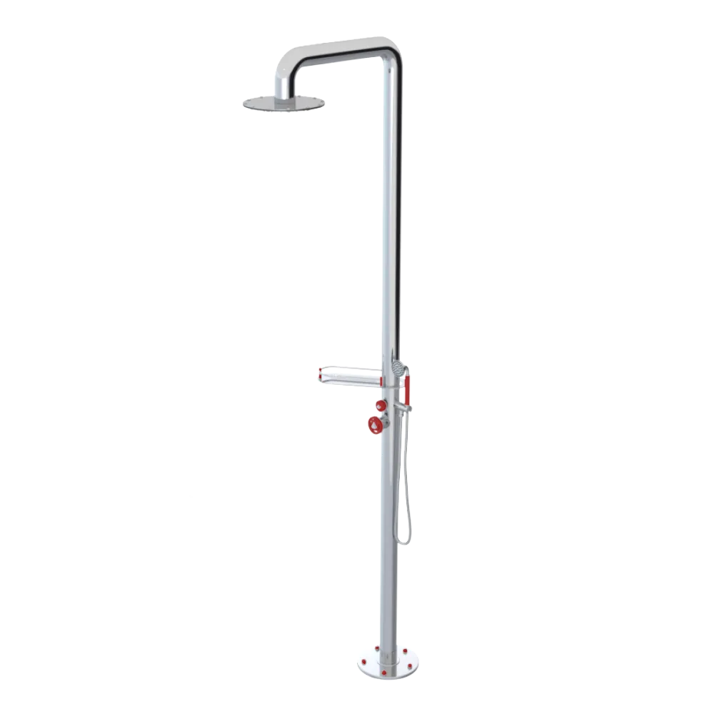 Rubinet Pressure Balance Outdoor Shower with Hand Held Shower & 10" Shower Head (with shelf) - 304 Stainless Steel Chrome