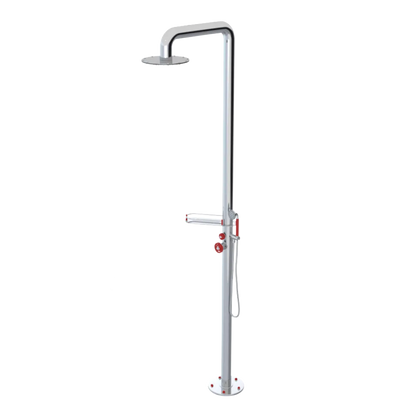 Rubinet Pressure Balance Outdoor Shower with Hand Held Shower & 10" Shower Head (with shelf) - 304 Stainless Steel Chrome