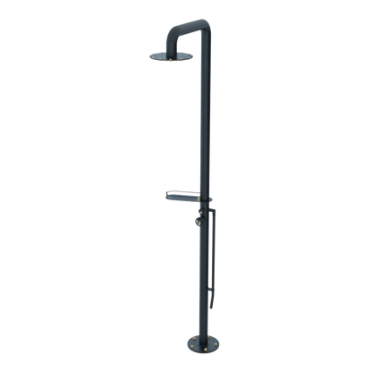 Rubinet Pressure Balance Outdoor Shower with Foot Rinse & 10" Shower Head (with shelf) - 304 Stainless Steel Matt Black