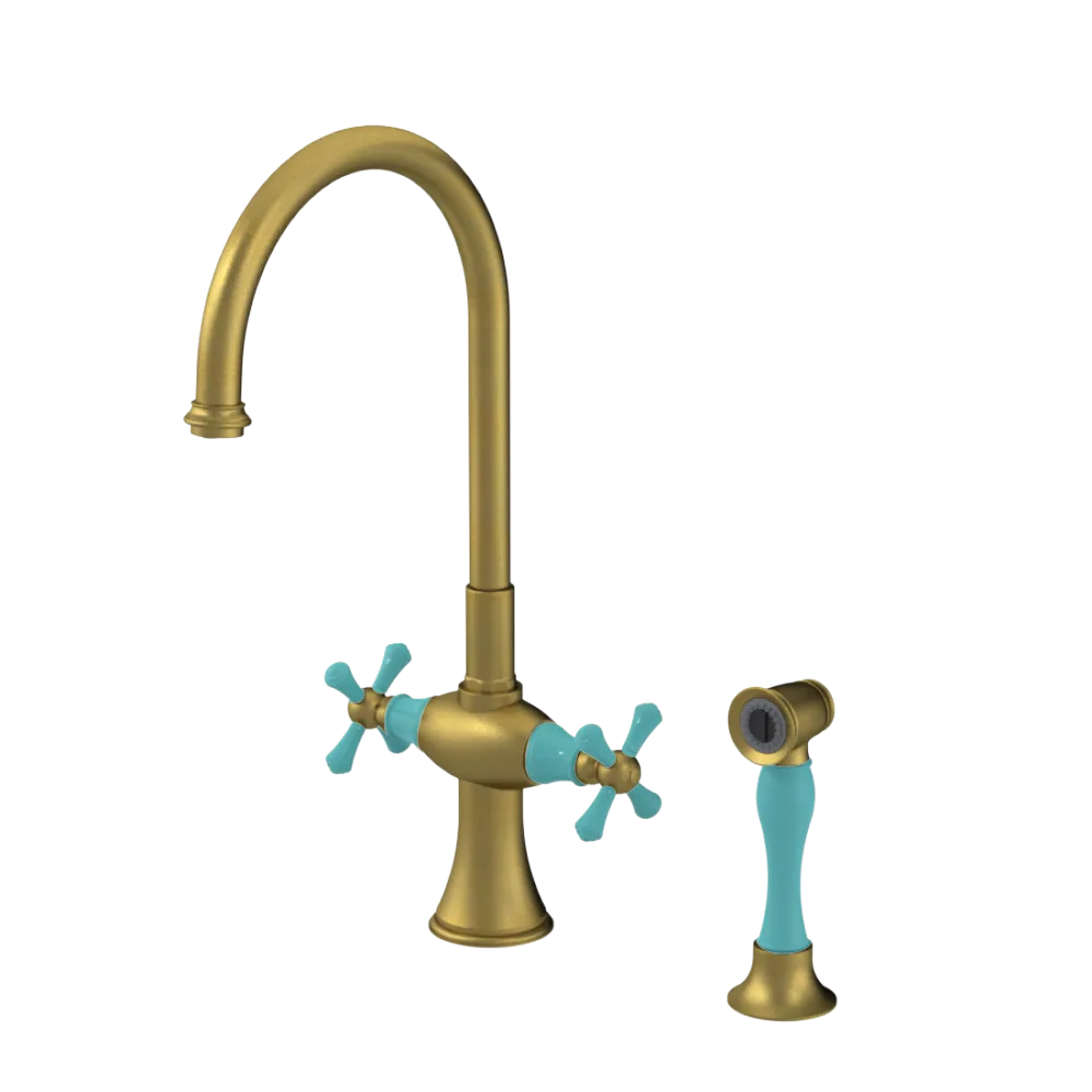 Rubinet Two Handle Single Hole Kitchen Set with Hand Spray Antique Brass Matt