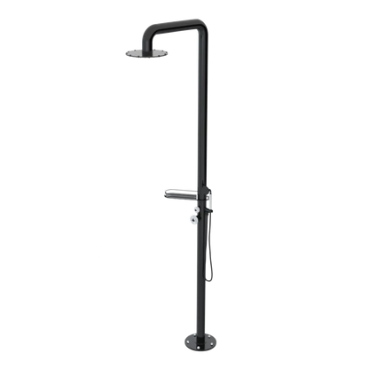 Rubinet Pressure Balance Outdoor Shower with Hand Held Shower & 10" Shower Head (with shelf) - 304 Stainless Steel Black