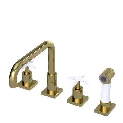 Rubinet Widespread Kitchen Set with Genesis Spout with Hand Spray Natural Brass