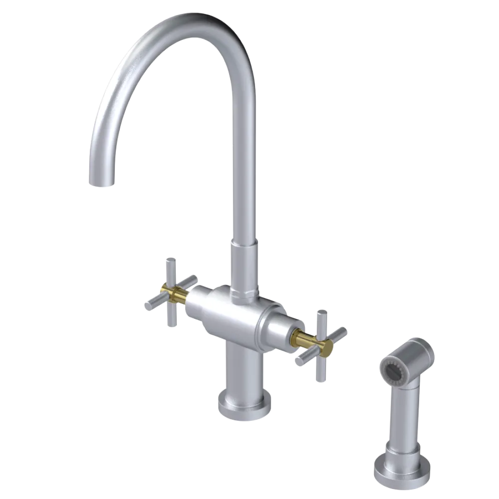 Rubinet Two Handle Single Hole Kitchen Set with LaSalle Spout with Hand Spray Satin Chrome