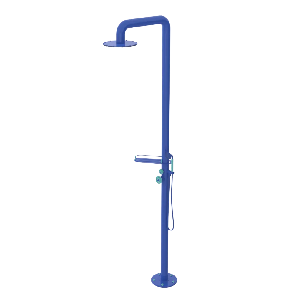 Rubinet Pressure Balance Outdoor Shower with Hand Held Shower & 10" Shower Head (with shelf) - 304 Stainless Steel Blu Jean