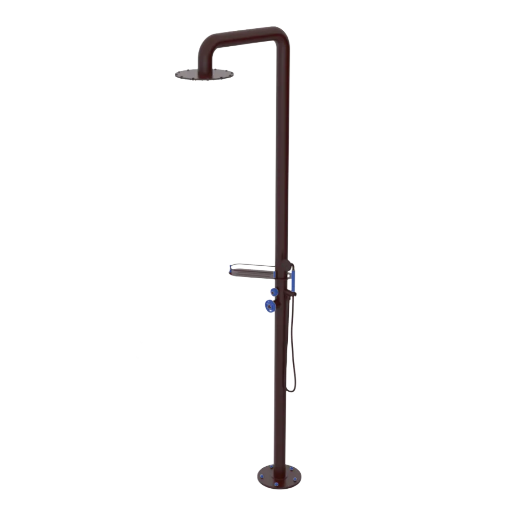 Rubinet Pressure Balance Outdoor Shower with Hand Held Shower & 10" Shower Head (with shelf) - 304 Stainless Steel Bordeaux