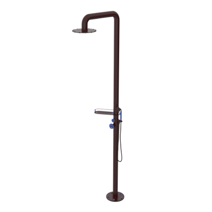 Rubinet Pressure Balance Outdoor Shower with Hand Held Shower & 10" Shower Head (with shelf) - 304 Stainless Steel Bordeaux