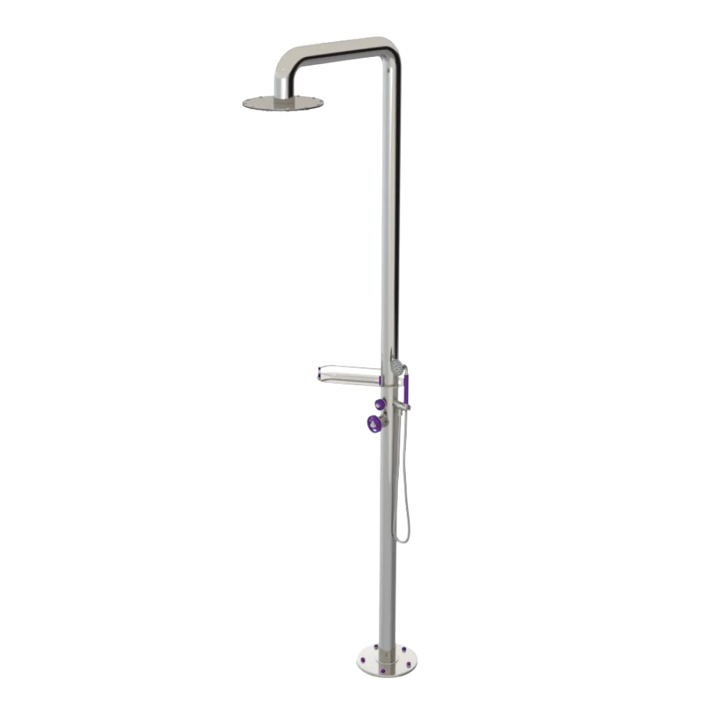 Rubinet Pressure Balance Outdoor Shower with Hand Held Shower & 10" Shower Head (with shelf) - 304 Stainless Steel Polished Nickel