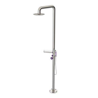 Rubinet Pressure Balance Outdoor Shower with Hand Held Shower & 10" Shower Head (with shelf) - 304 Stainless Steel Polished Nickel