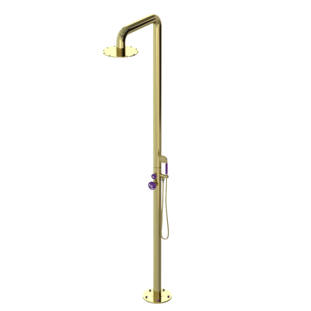 Rubinet Pressure Balance Outdoor Shower with Hand Held Shower & 10" Shower Head - 304 Stainless Steel Bright Brass
