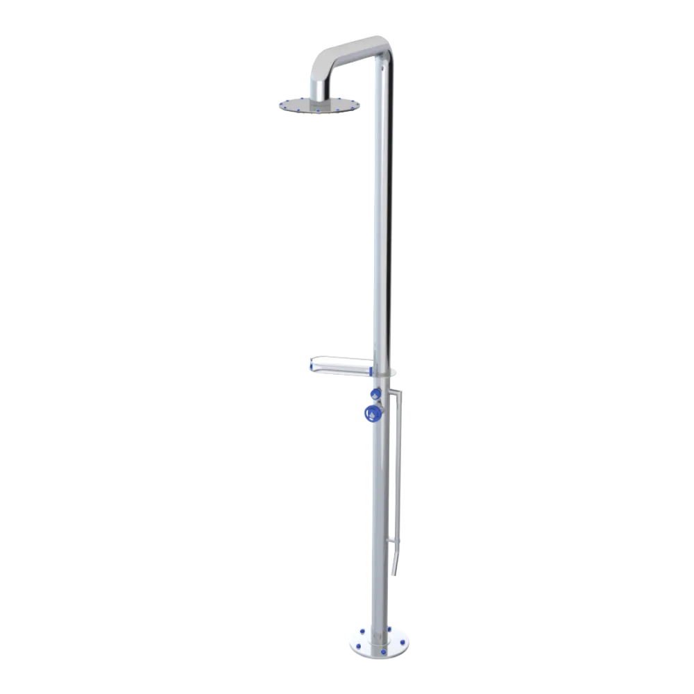 Rubinet Pressure Balance Outdoor Shower with Foot Rinse & 10" Shower Head (with shelf) - 304 Stainless Steel Chrome