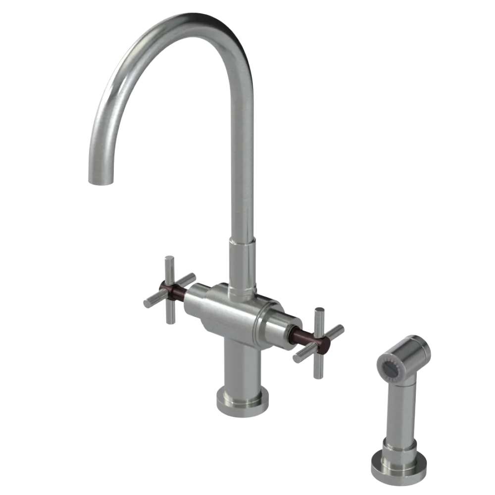 Rubinet Two Handle Single Hole Kitchen Set with LaSalle Spout with Hand Spray Satin Nickel