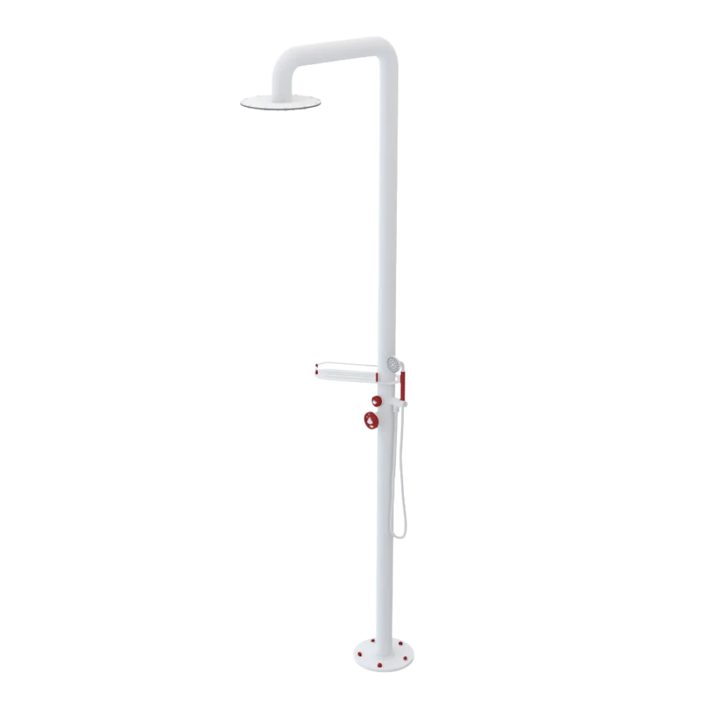 Rubinet Pressure Balance Outdoor Shower with Hand Held Shower & 10" Shower Head (with shelf) - 304 Stainless Steel Matt White