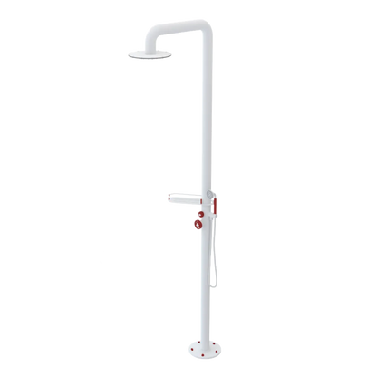 Rubinet Pressure Balance Outdoor Shower with Hand Held Shower & 10" Shower Head (with shelf) - 304 Stainless Steel Matt White