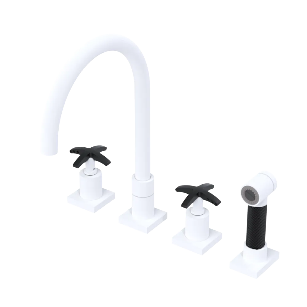 Rubinet Widespread Kitchen Set with Hand Spray Matt White