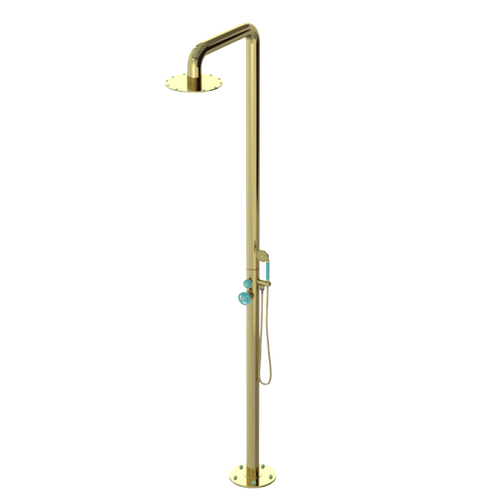 Rubinet Pressure Balance Outdoor Shower with Hand Held Shower & 10" Shower Head - 304 Stainless Steel Bright Brass