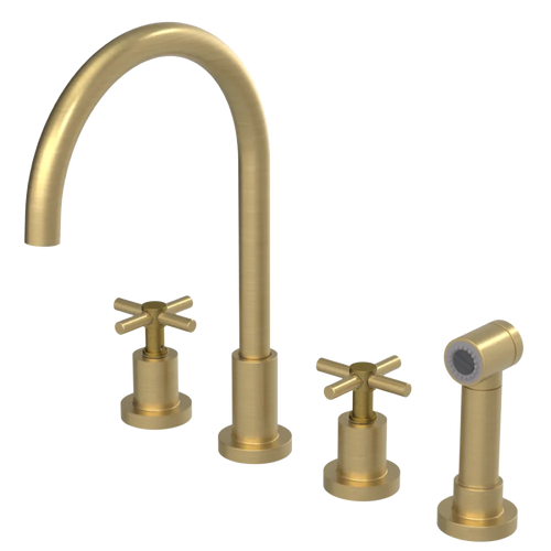 Rubinet Widespread Kitchen Set with LaSalle Spout with Hand Spray Satin Brass