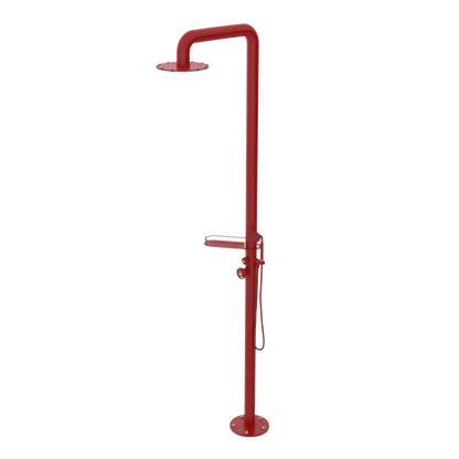 Rubinet Pressure Balance Outdoor Shower with Hand Held Shower & 10" Shower Head (with shelf) - 304 Stainless Steel Maroon