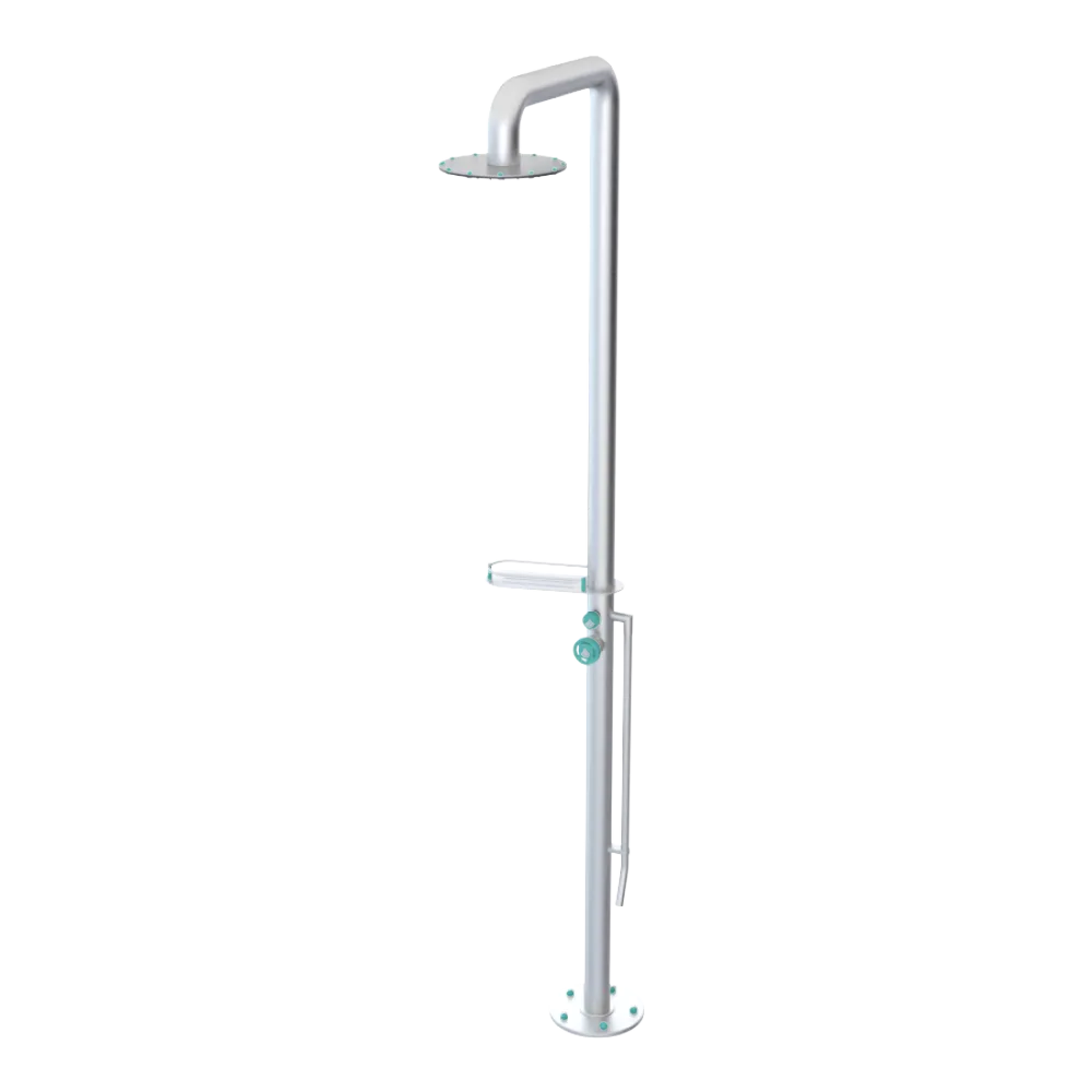 Rubinet Pressure Balance Outdoor Shower with Foot Rinse & 10" Shower Head (with shelf) - 304 Stainless Steel Satin Chrome