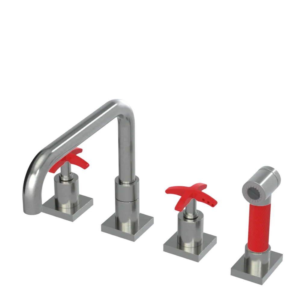 Rubinet Widespread Kitchen Set with Genesis Spout with Hand Spray Satin Nickel