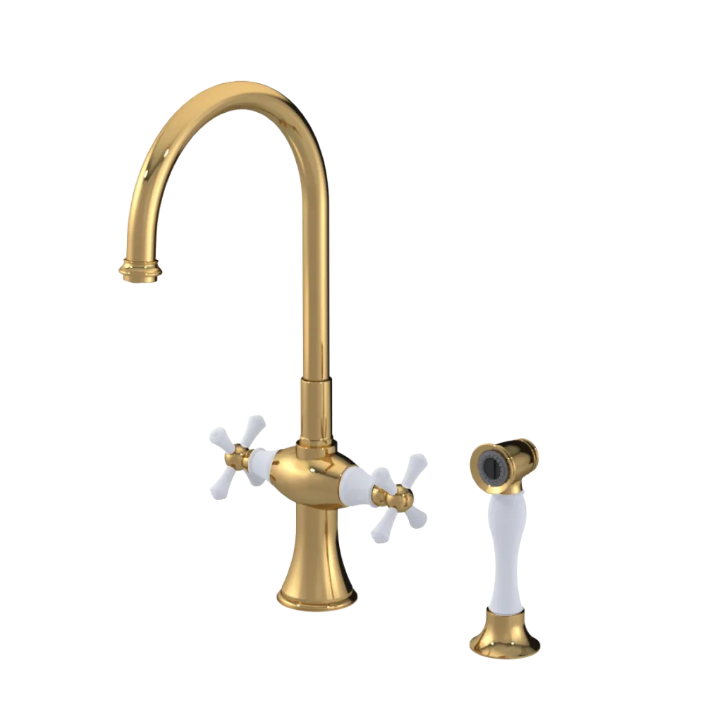Rubinet Two Handle Single Hole Kitchen Set with Hand Spray Gold