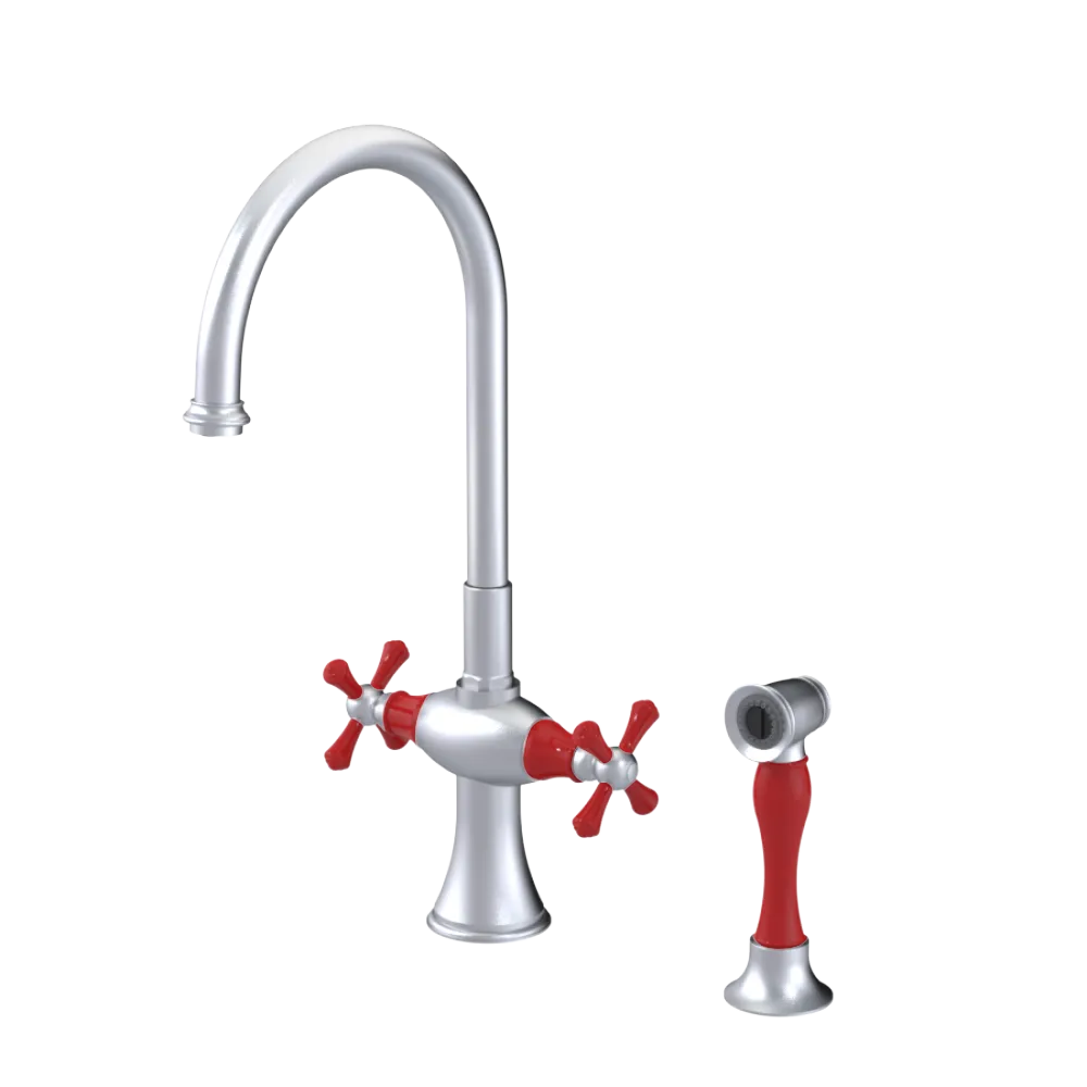 Rubinet Two Handle Single Hole Kitchen Set with Hand Spray Satin Chrome