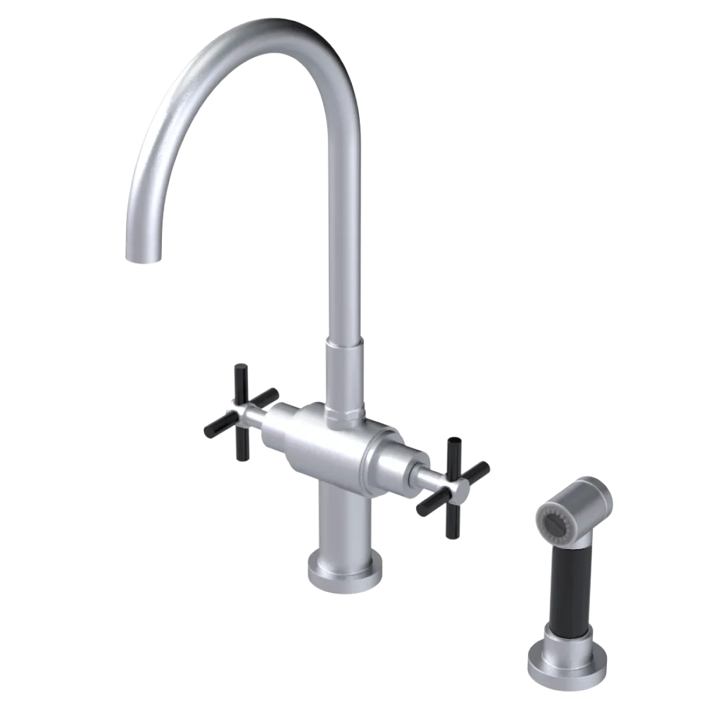 Rubinet Two Handle Single Hole Kitchen Set with LaSalle Spout with Hand Spray Satin Chrome