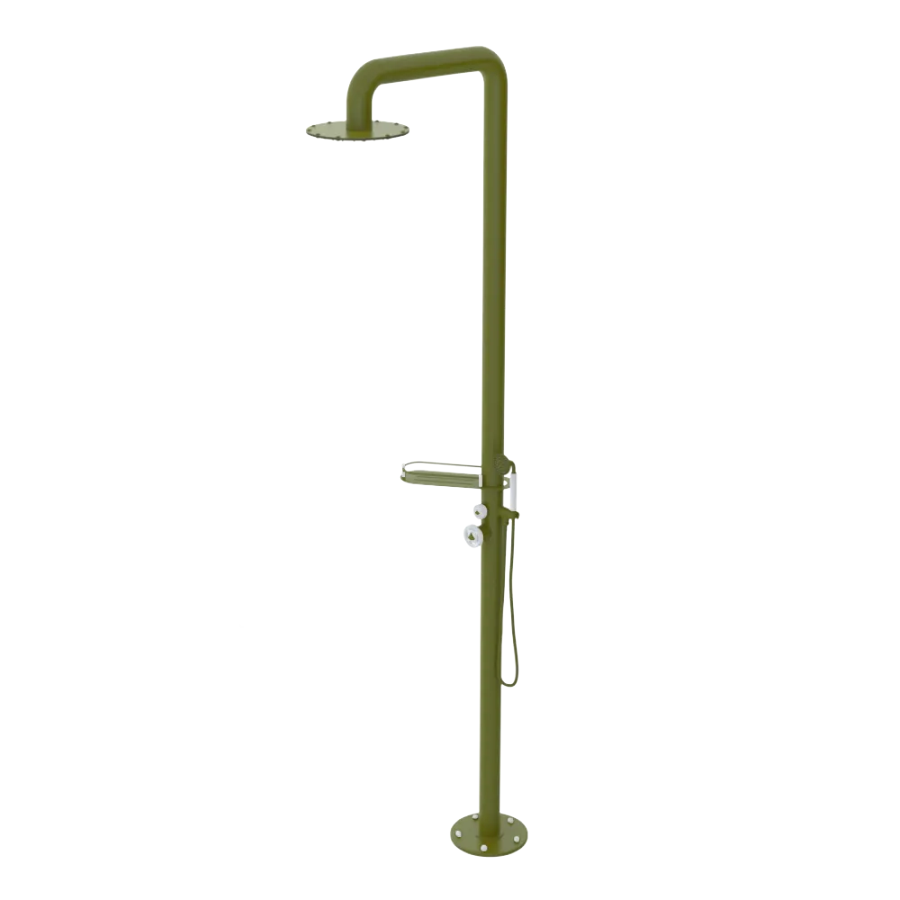 Rubinet Pressure Balance Outdoor Shower with Hand Held Shower & 10" Shower Head (with shelf) - 304 Stainless Steel Green Envy