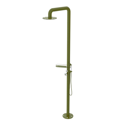 Rubinet Pressure Balance Outdoor Shower with Hand Held Shower & 10" Shower Head (with shelf) - 304 Stainless Steel Green Envy