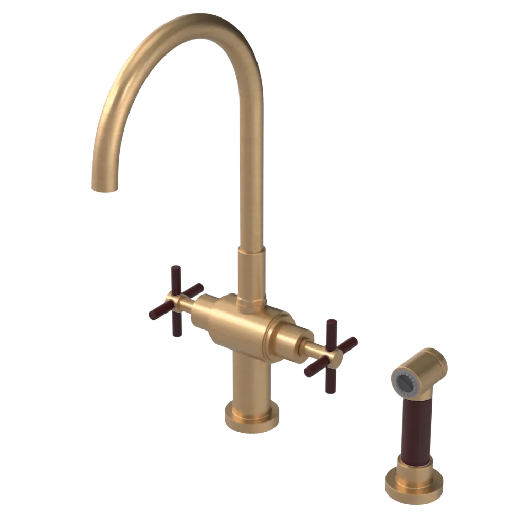 Rubinet Two Handle Single Hole Kitchen Set with LaSalle Spout with Hand Spray Satin Gold