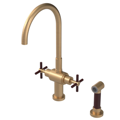 Rubinet Two Handle Single Hole Kitchen Set with LaSalle Spout with Hand Spray Satin Gold