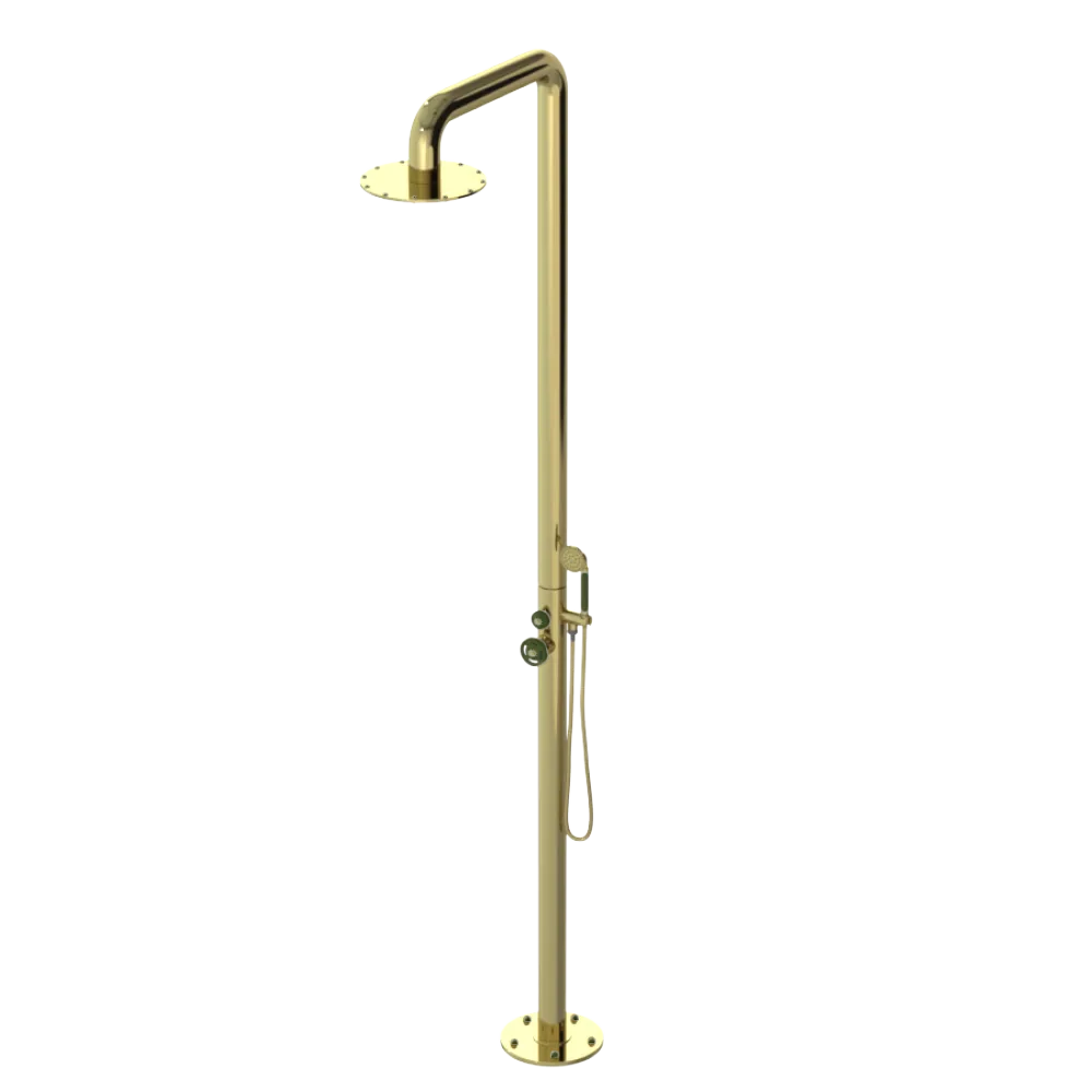 Rubinet Pressure Balance Outdoor Shower with Hand Held Shower & 10" Shower Head - 304 Stainless Steel Bright Brass
