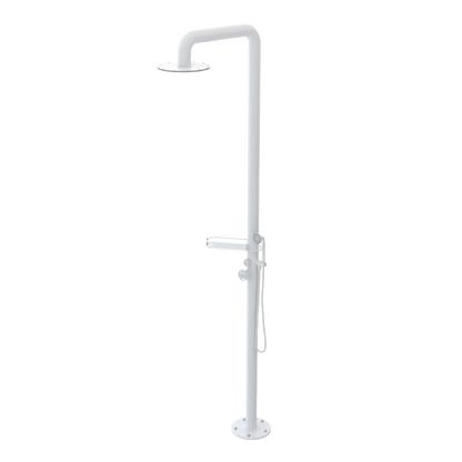Rubinet Pressure Balance Outdoor Shower with Hand Held Shower & 10" Shower Head (with shelf) - 304 Stainless Steel White