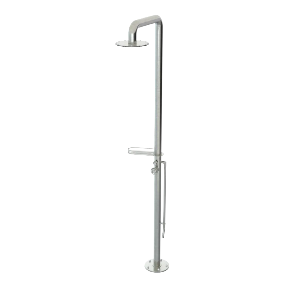 Rubinet Pressure Balance Outdoor Shower with Foot Rinse & 10" Shower Head (with shelf) - 304 Stainless Steel Satin Nickel