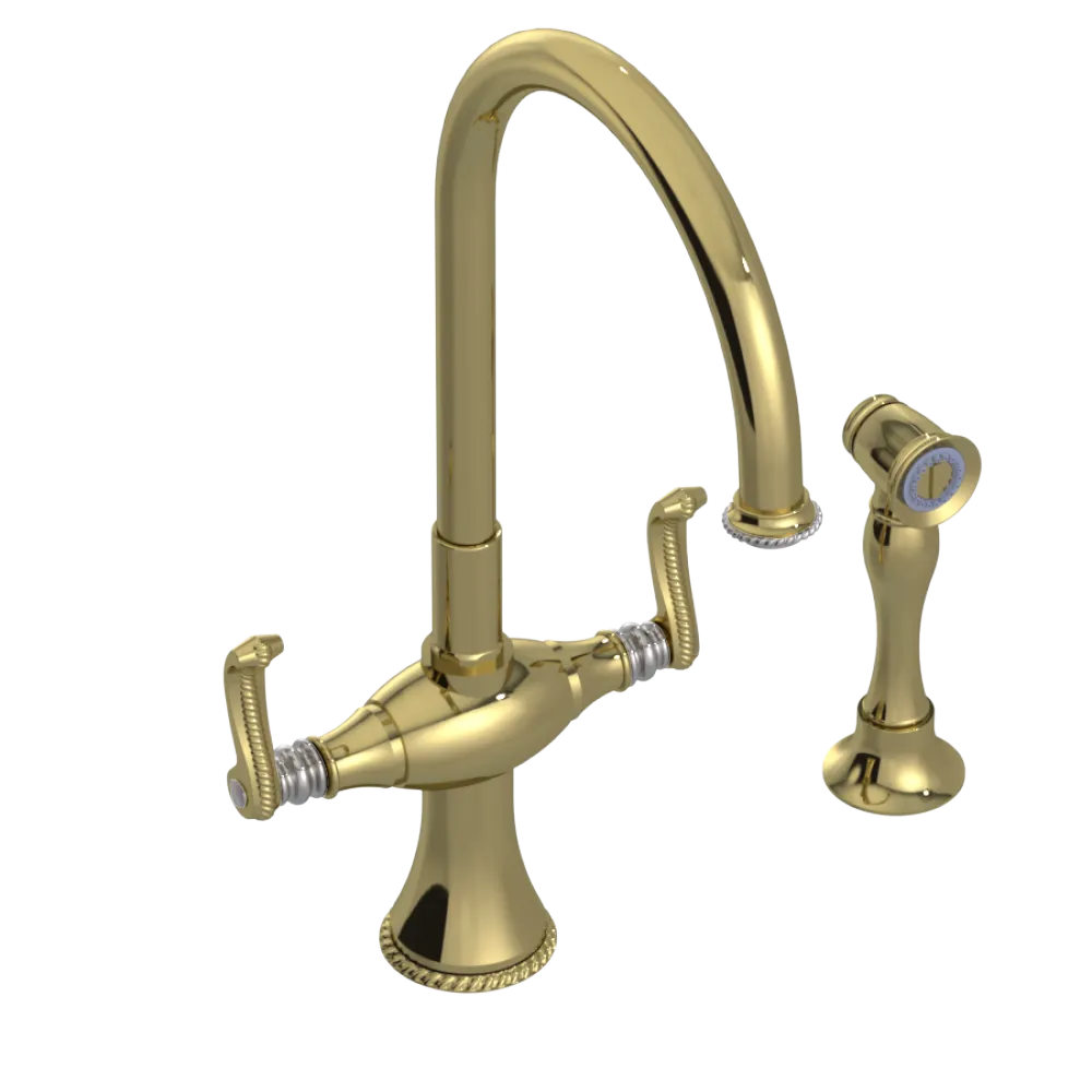 Rubinet Two Handle Single Hole Kitchen Set with Hand Spray Natural Brass