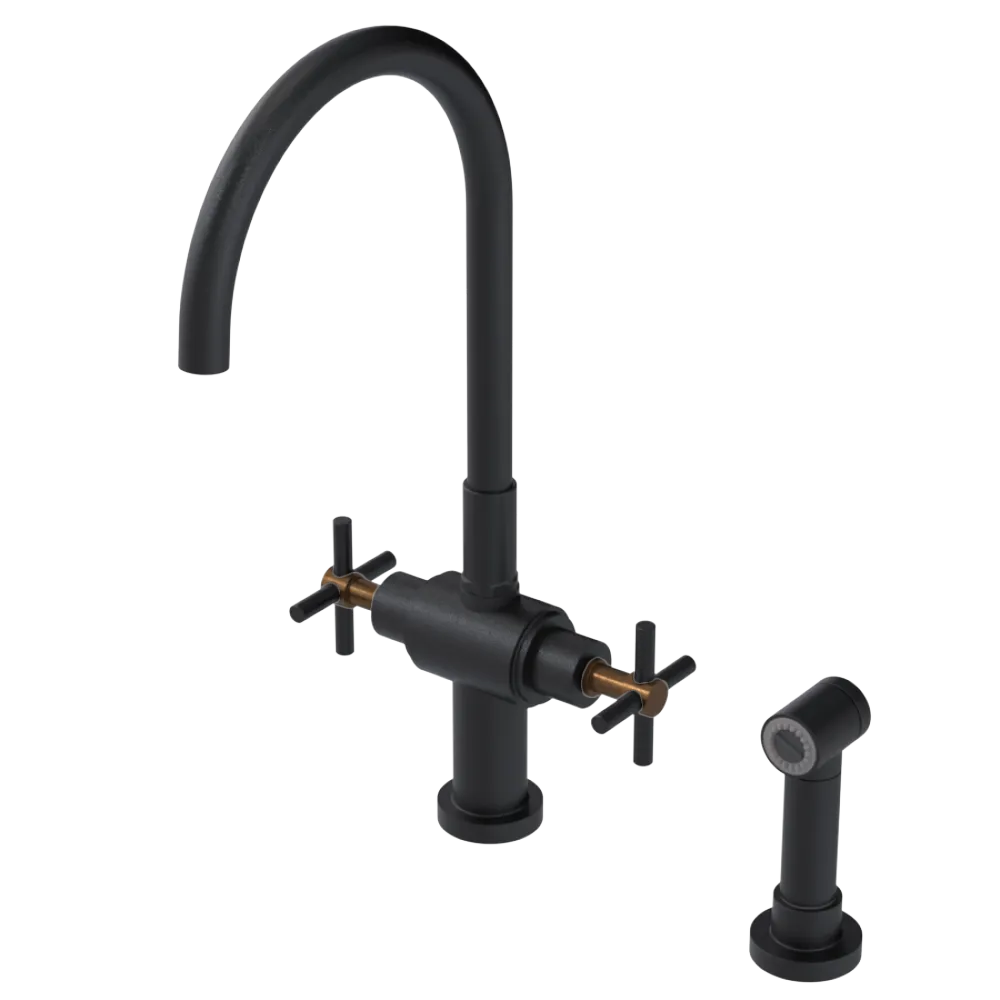 Rubinet Two Handle Single Hole Kitchen Set with LaSalle Spout with Hand Spray Matt Black