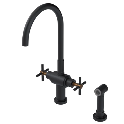 Rubinet Two Handle Single Hole Kitchen Set with LaSalle Spout with Hand Spray Matt Black