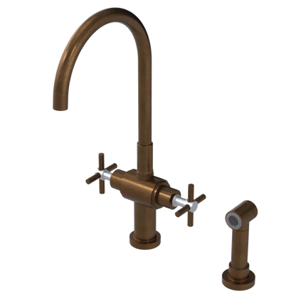 Rubinet Two Handle Single Hole Kitchen Set with LaSalle Spout with Hand Spray Tuscan Brass