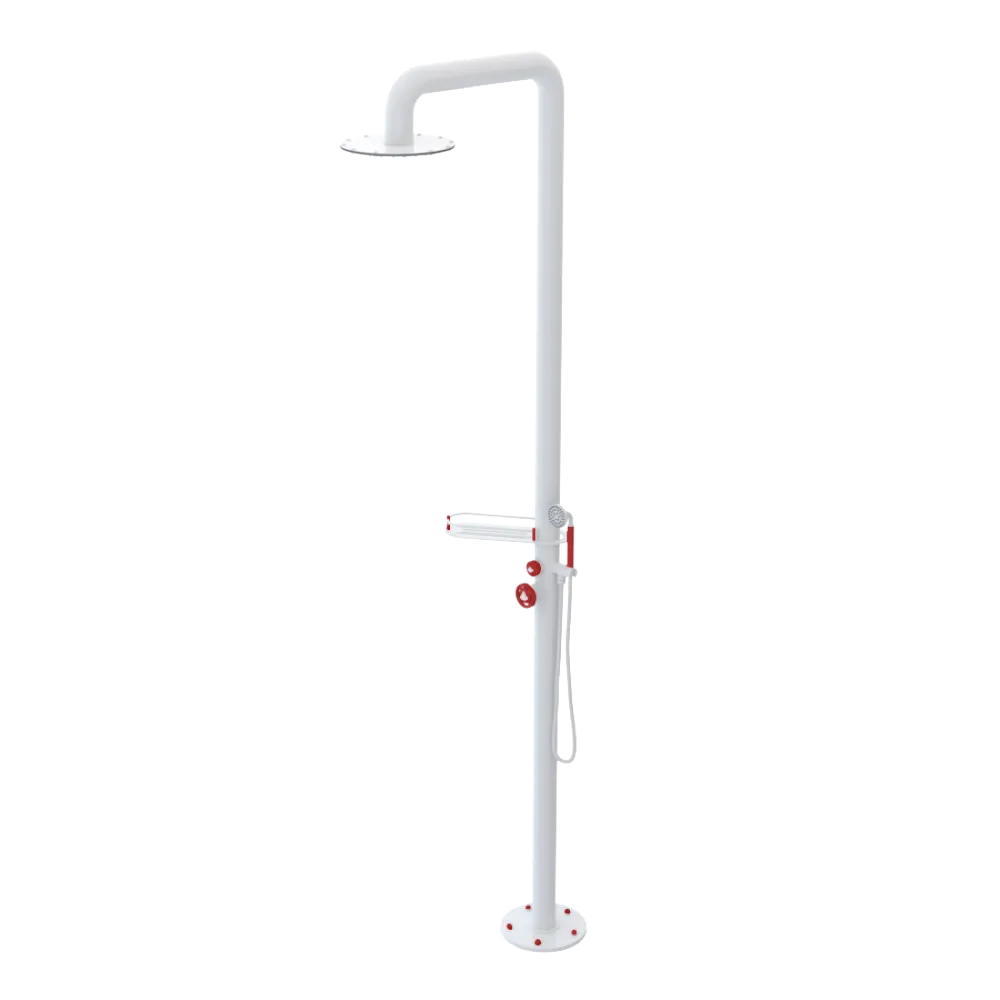 Rubinet Pressure Balance Outdoor Shower with Hand Held Shower & 10" Shower Head (with shelf) - 304 Stainless Steel White