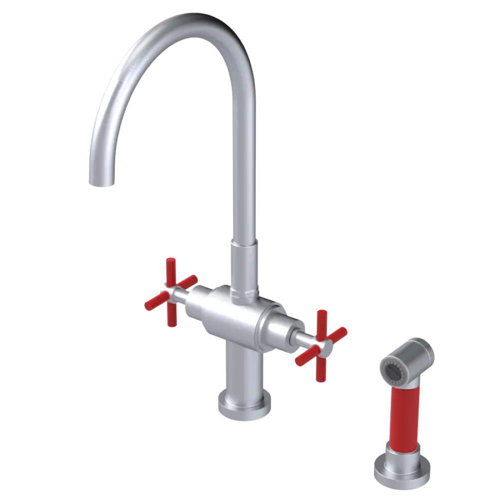 Rubinet Two Handle Single Hole Kitchen Set with LaSalle Spout with Hand Spray Satin Chrome
