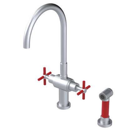 Rubinet Two Handle Single Hole Kitchen Set with LaSalle Spout with Hand Spray Satin Chrome