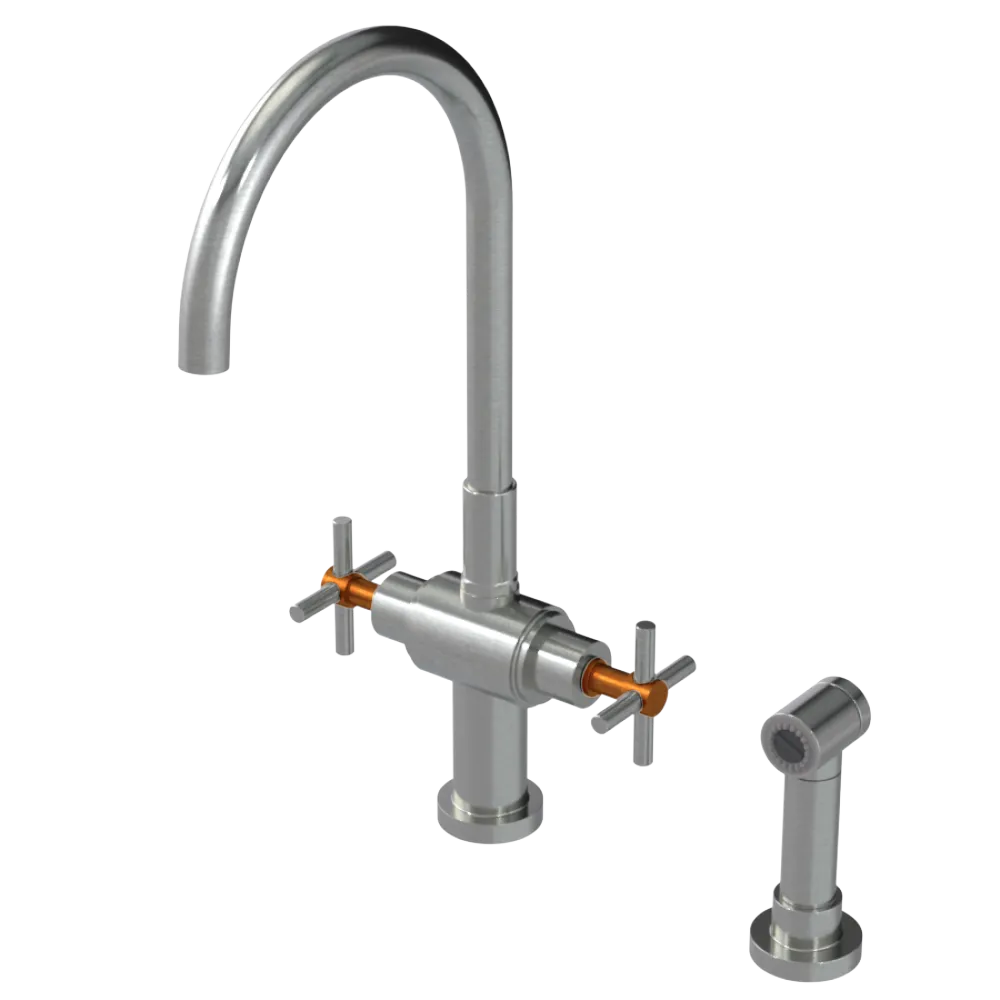 Rubinet Two Handle Single Hole Kitchen Set with LaSalle Spout with Hand Spray Satin Nickel